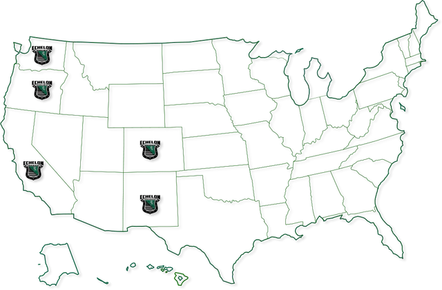 Map of the United States with Echelon shields marking Washington, Oregon, California, Colorado and New Mexico